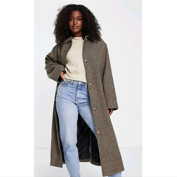 ASOS Brown Wool Smart Checked Boyfriend Coat (Tall) - Picture 1 of 4